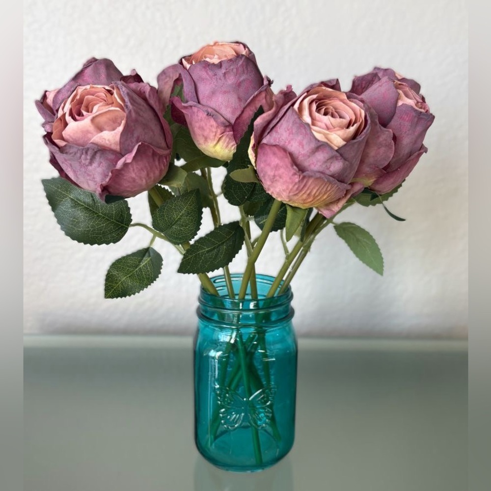 12" Realistic Artificial Rose Bouquet 7 Lavender Pink Combo Burnt Edge Roses New